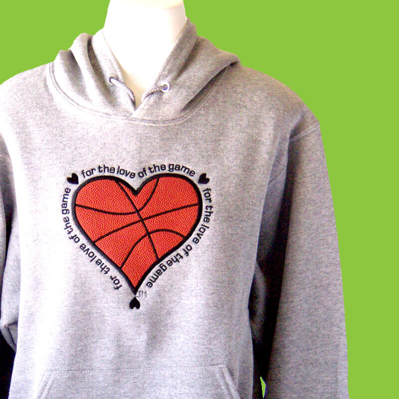 embroidery Gray hooded sweatshirt embroidered with a heart basketball and the words "For the Love of the Game"