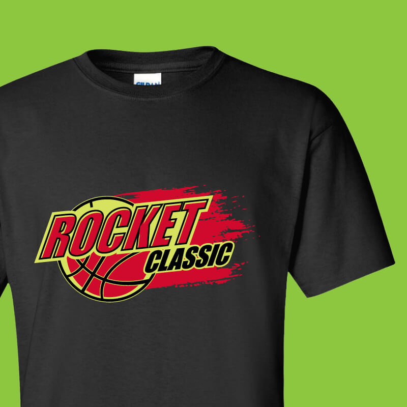 screen-print Black t-shirt printed with a basketball tournament logo in red and yellow